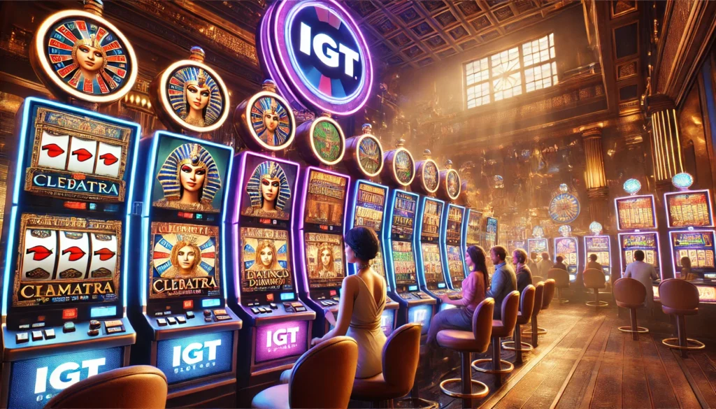 Multiple IGT slot machines in a casino, including Cleopatra, Da Vinci Diamonds, and Wheel of Fortune.