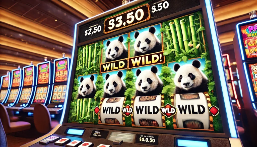 Close-up of a Panda slot game screen showing a winning combination with pandas, bamboo, and wild symbols.