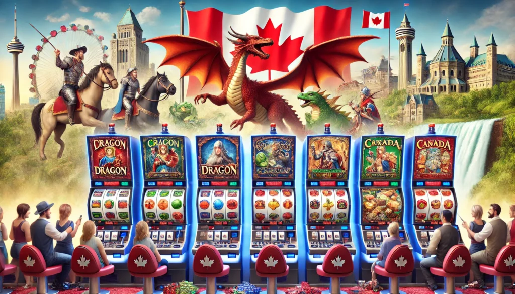 Multiple Dragon-themed slot machines in a Canadian casino with symbols of dragons, treasure chests, and knights.