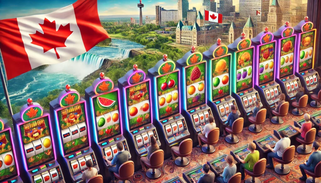 Multiple fruit-themed slot machines in a Canadian casino with symbols like cherries, lemons, and watermelons.