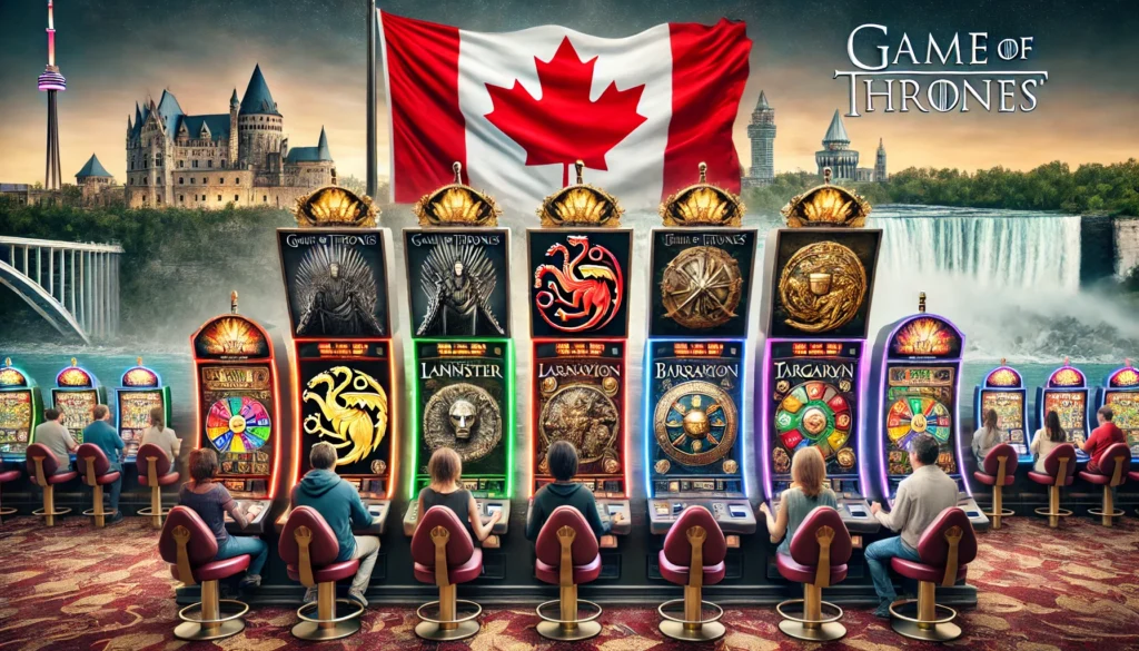 Multiple Game of Thrones slot machines in a Canadian casino displaying symbols like the Iron Throne and house sigils of Stark, Lannister, Baratheon, and Targaryen.