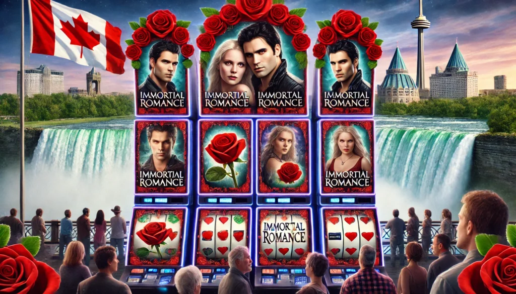 Multiple Immortal Romance slot machines in a Canadian casino with symbols of vampires, roses, and main characters.