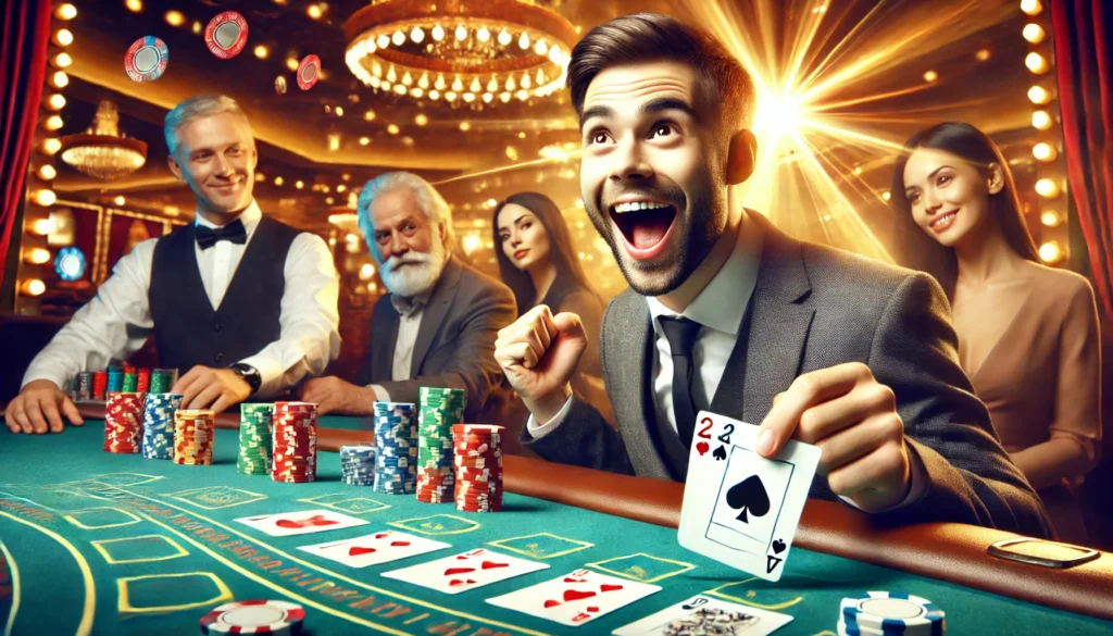 A blackjack player celebrating after winning a hand with a 21.