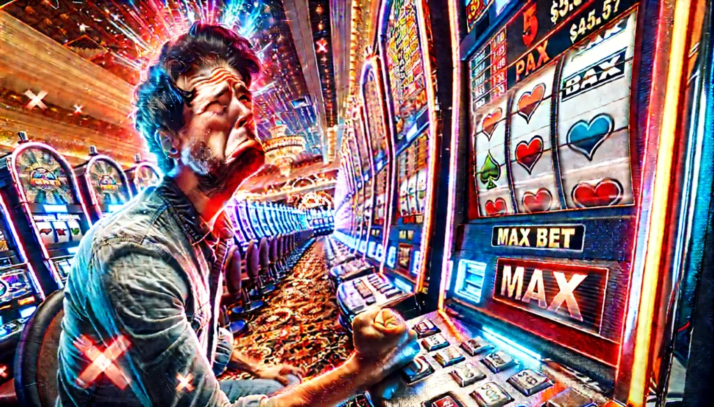 A slot player losing after placing a max bet, showing frustration as they pull away from the machine.