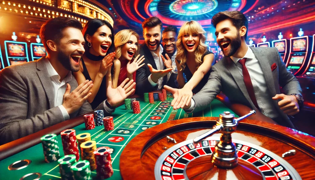 A group of roulette players celebrating after winning an outside bet, with the roulette wheel showing the winning number.