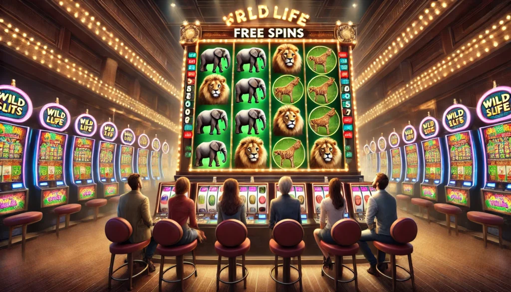 Wild Life Free Slots game showing free spins in action with animal symbols like lions and elephants.