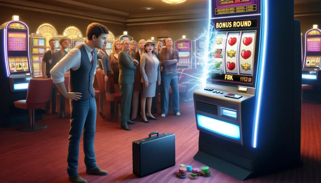 Malfunctioning slot machine during a bonus round in a casino causing frustration.