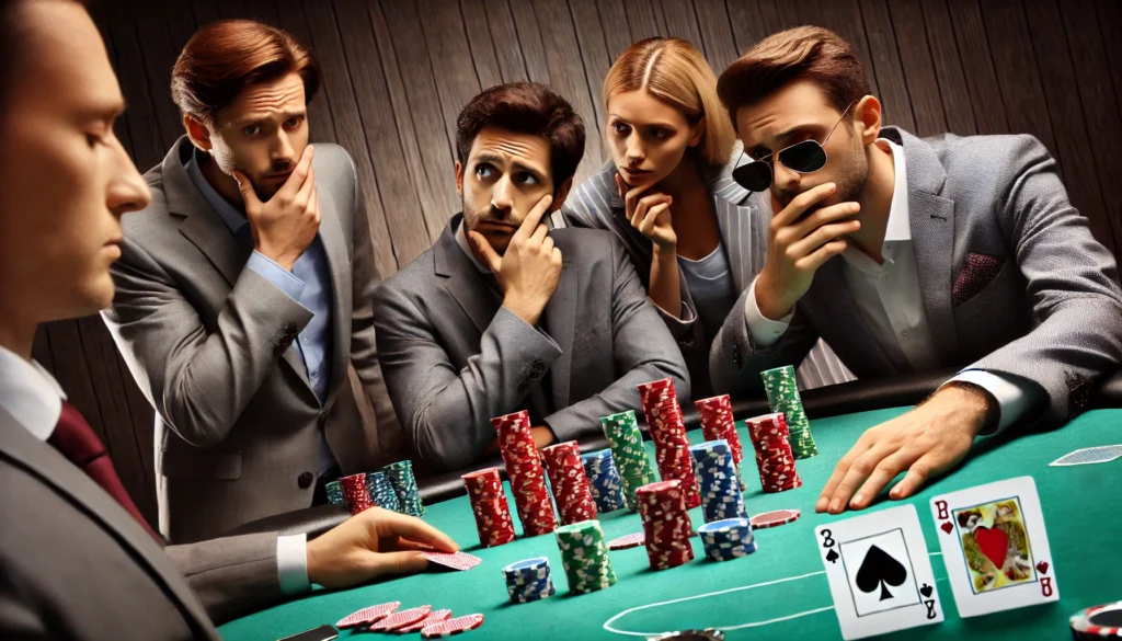 Poker players accused of collusion during a Texas Hold'em game, creating suspicion at the table.