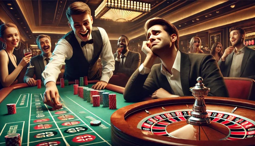 A roulette player losing a high-risk inside bet as the croupier collects the chips.