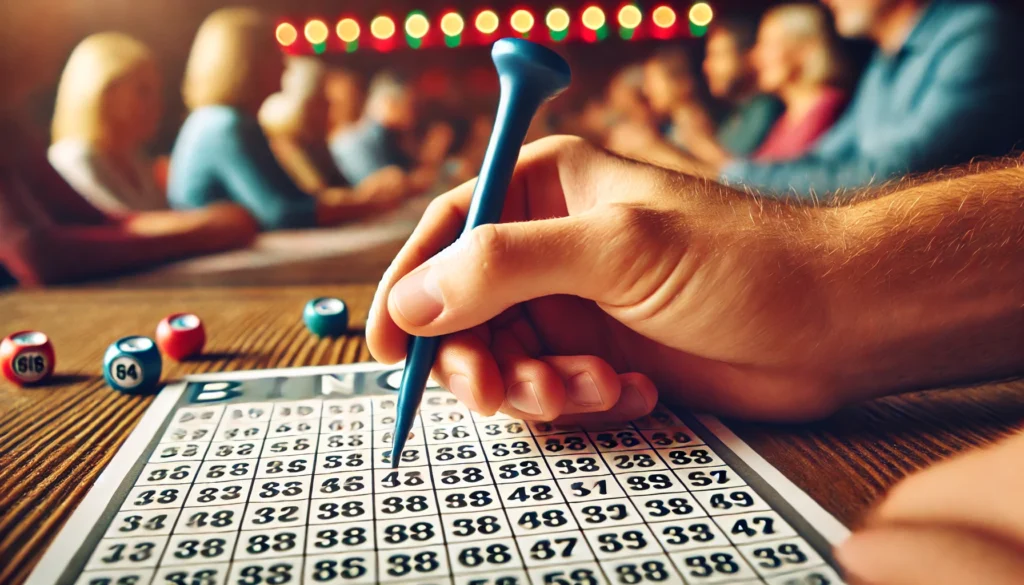 A close-up shot of a Bingo card being marked by a dauber, with the bingo board in the background.