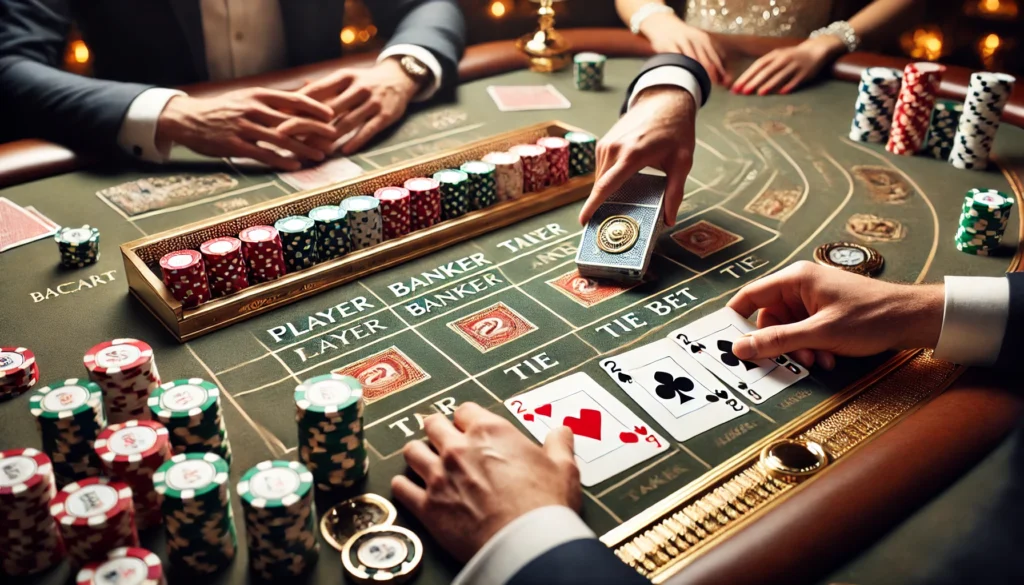 A close-up view of a baccarat table showing chips placed on player, banker, and tie bet areas.