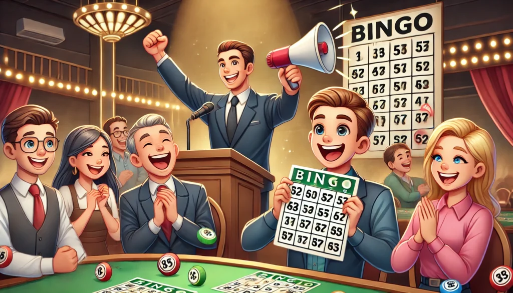 A Bingo player wins a line pattern, holding up their card as the Bingo caller announces the win.