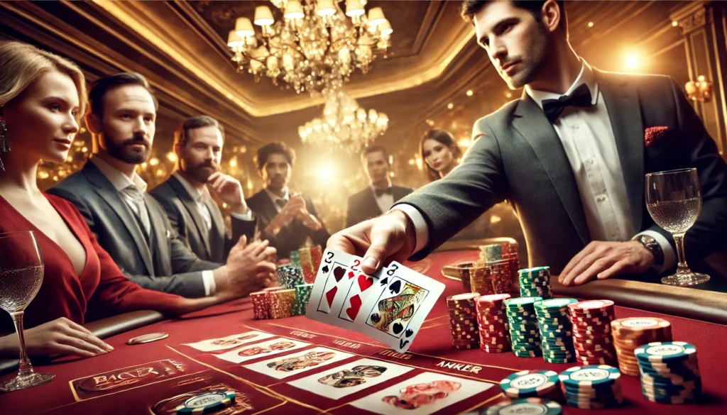 A baccarat player wins a banker bet, with the dealer pushing chips toward the player.