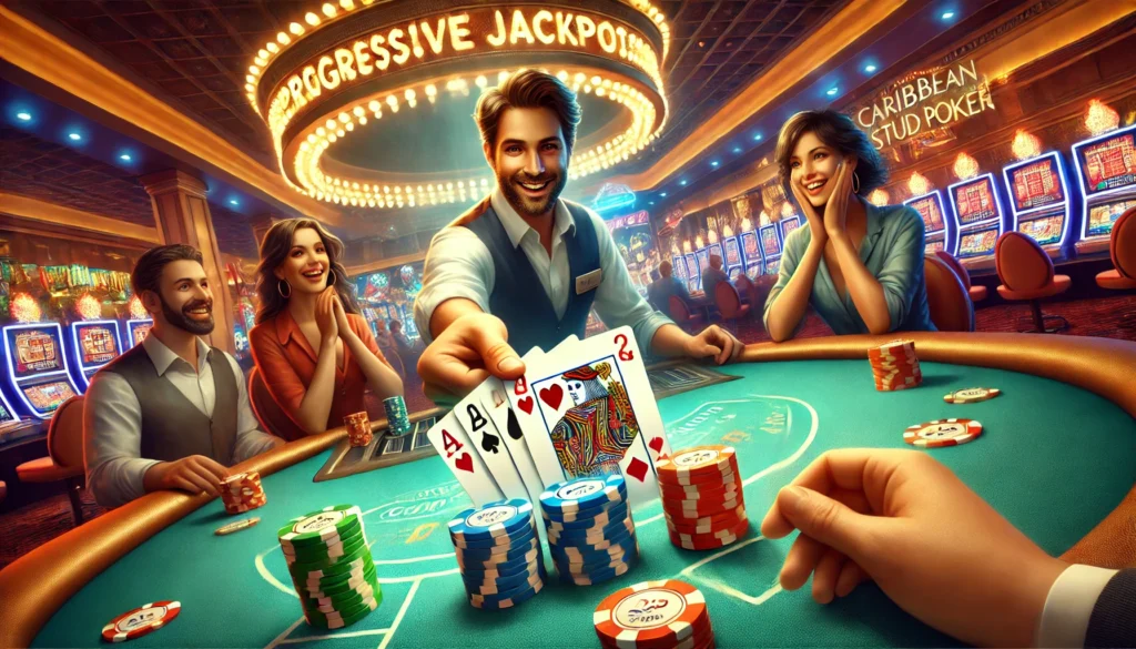 A player wins a progressive jackpot in Caribbean Stud poker with a royal flush, while the dealer pushes chips toward them.