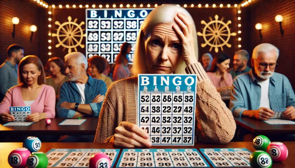 A Bingo player looks disappointed after missing a win, holding their card with no matching numbers.