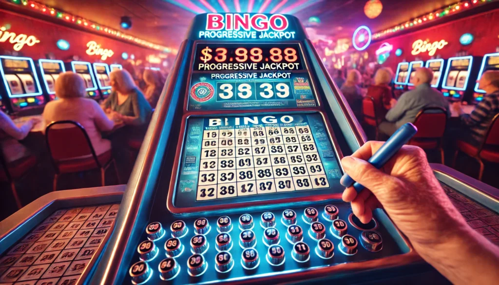 A close-up of a Bingo machine showing a growing progressive jackpot, with a player's hand holding a Bingo ticket.