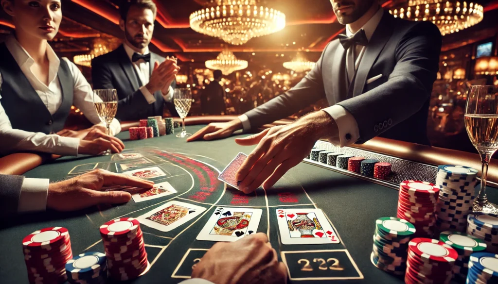 A baccarat dealer deals cards for a natural win as players focus on the table.