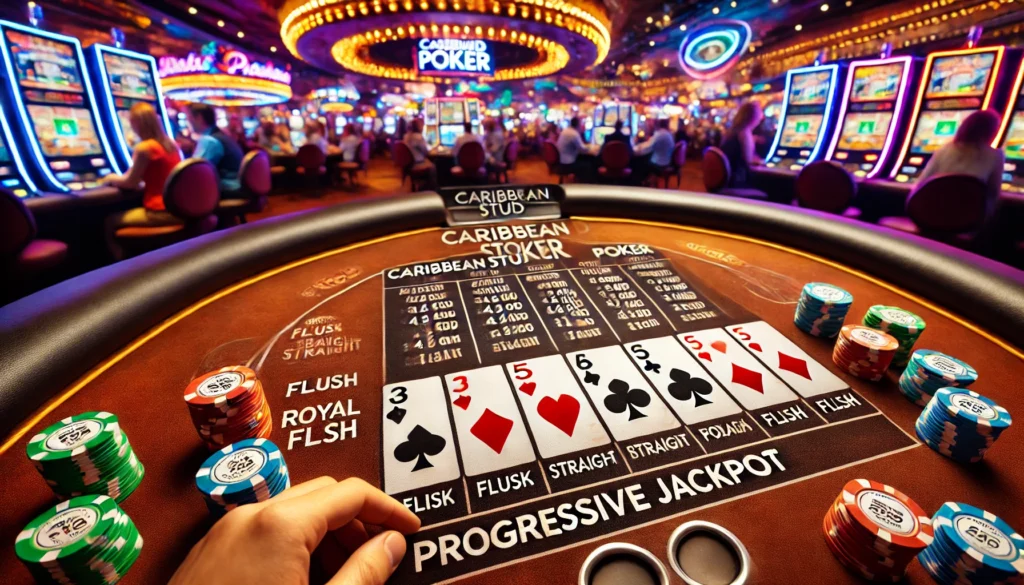 A close-up of a Caribbean Stud poker table showing the paytable for the progressive jackpot, with the player's hand visible.